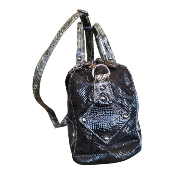 Acacia Diamond Stitch Black Pewter Metallic Leather Crossbody Satchel Handbag - Picture 4 of 14